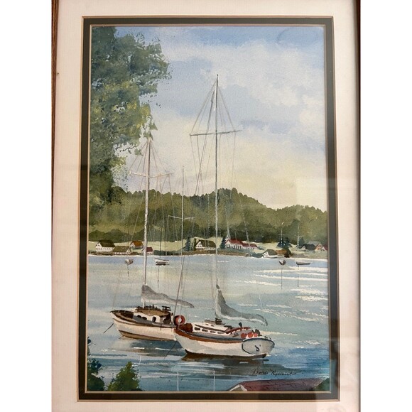 1980s Vintage Art Painting Framed Watercolor Sailboats on a Lake - Doris Minnich - Picture 3 of 6
